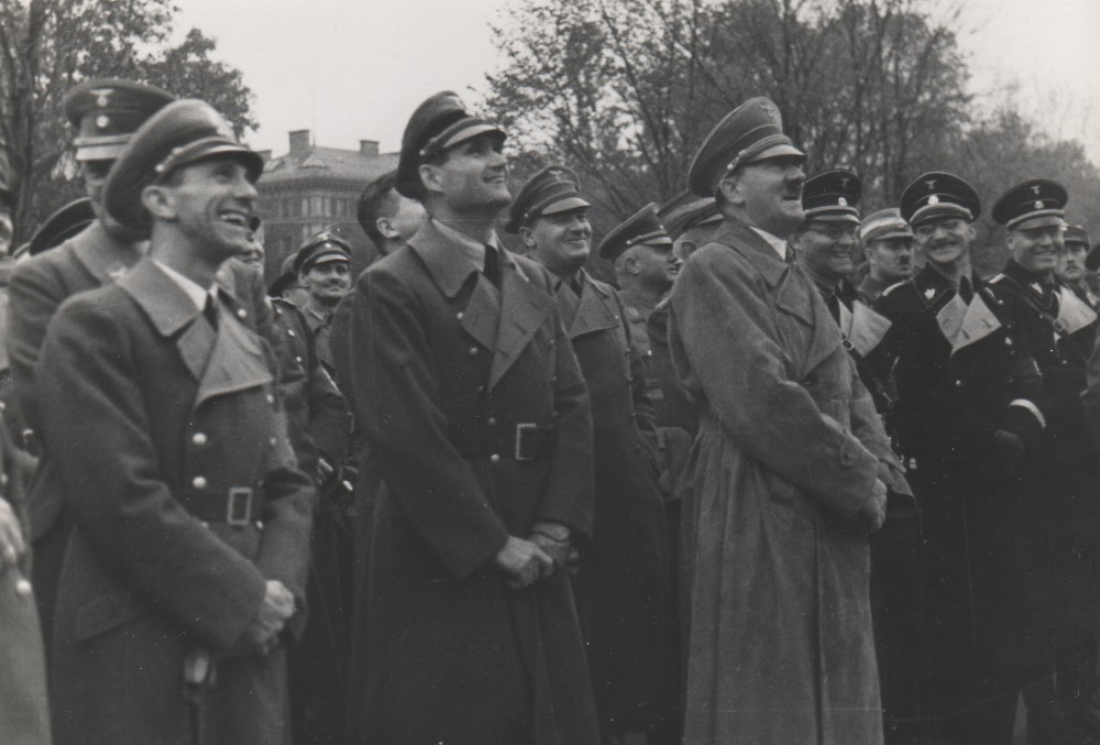 Joseph Goebbels, Rudolf Hess and Adolf Hitler attending Hitlerjugend